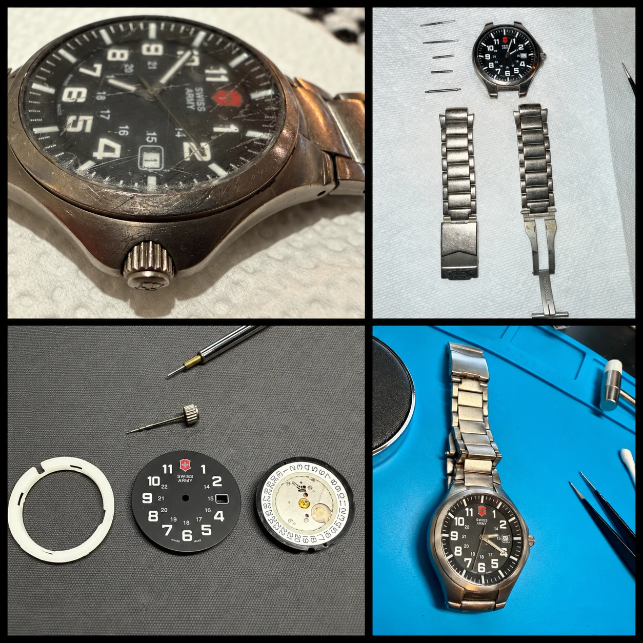 Swiss Army watch restoration: disassembled movement, damaged crystal, and completed watch